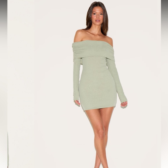 PrettyLittleThing Dresses & Skirts - SAGE GREEN ONION SKIN BARDOT RUCHED BODYCON DRESS Women’s Size 12